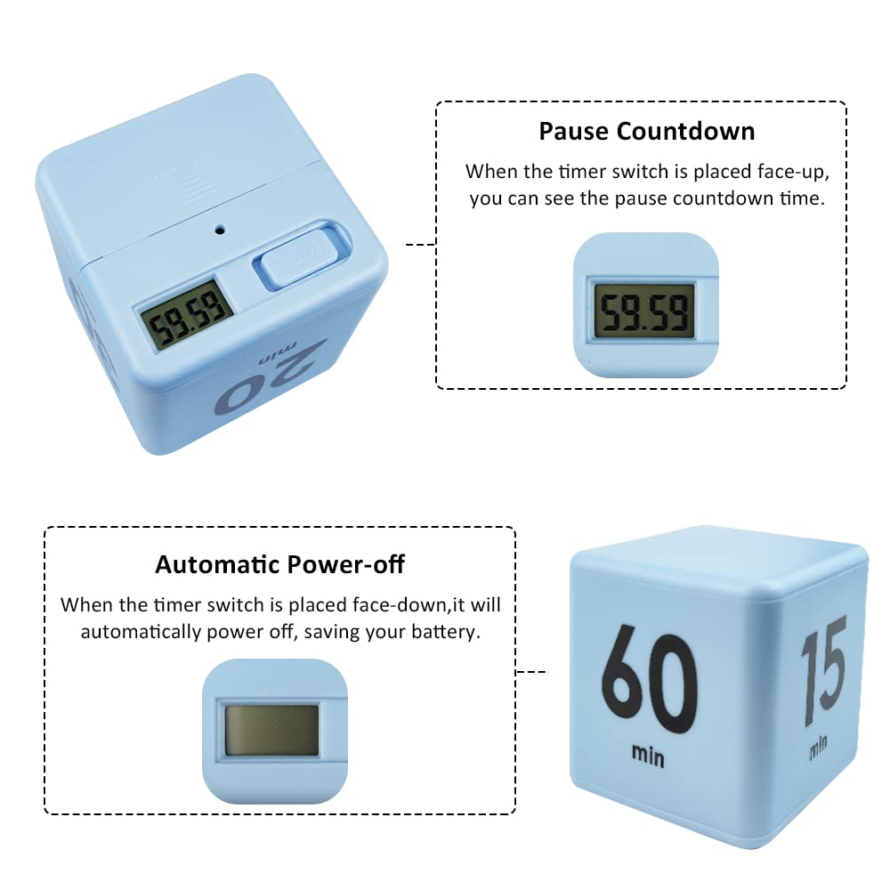 Feilifan Cube Timer Productivity Timer Kids Time Timer Gravity Sensor flip Timer for Time Management and Countdown Settings 15 20 30 60 Minutes  Blue